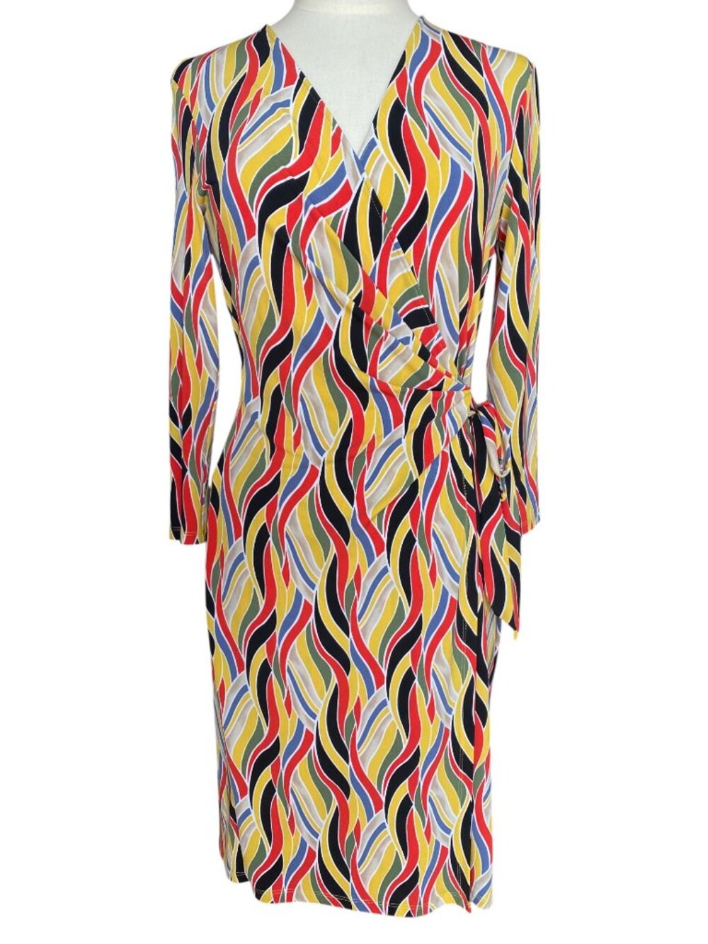 Anne Klein Wavy Print Faux Wrap Dress Colorful Wrinkle Resistant Maximalist-8